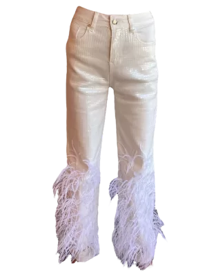 Pantalon con detalles de plumas bordadadas